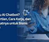 Thumbnail artikel blog Lenna.ai berjudul "Apa Itu AI Chatbot? Pengertian, Cara Kerja, dan Manfaatnya untuk Bisnis (2026)" dengan latar belakang seorang wanita yang sedang bekerja dan ilustrasi robot chatbot 3D.