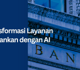 Gambar banner blog website bertema transformasi layanan perbankan dengan AI. Di sisi kiri terdapat latar biru tua dengan logo Lenna di bagian atas dan teks besar berwarna putih bertuliskan 'Transformasi Layanan Perbankan dengan AI'. Di sisi kanan terdapat foto bangunan bank bergaya klasik dengan nuansa biru, menampilkan sebagian tulisan 'BANK' pada fasad gedung.