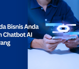 Ilustrasi seseorang menggunakan smartphone dengan visual chatbot AI, disertai judul "7 Tanda Bisnis Anda Butuh Chatbot AI Sekarang" sebagai cover artikel tentang pemanfaatan AI chatbot untuk bisnis.