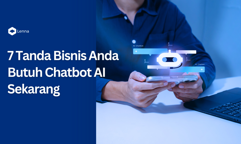Ilustrasi seseorang menggunakan smartphone dengan visual chatbot AI, disertai judul 