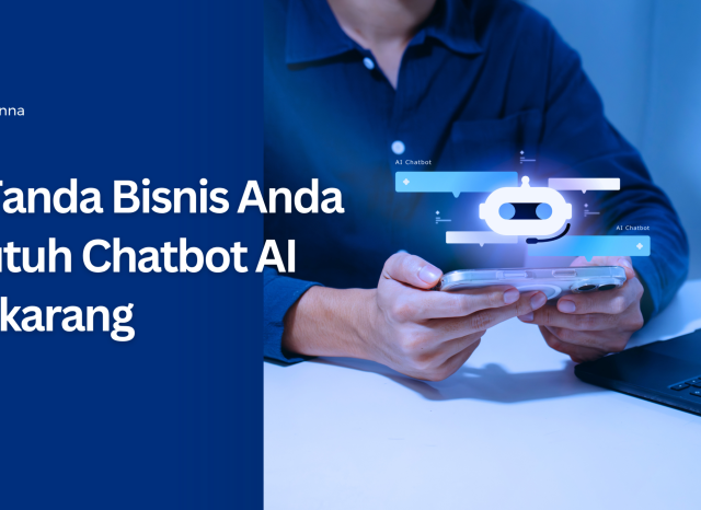 Ilustrasi seseorang menggunakan smartphone dengan visual chatbot AI, disertai judul "7 Tanda Bisnis Anda Butuh Chatbot AI Sekarang" sebagai cover artikel tentang pemanfaatan AI chatbot untuk bisnis.